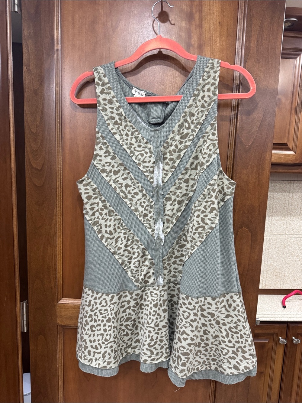 POL Olive Green Knit Top with Leopard Accent